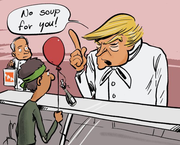 קריקטורה: טראמפ עוצר את הסיוע לפלסטינים בעזה