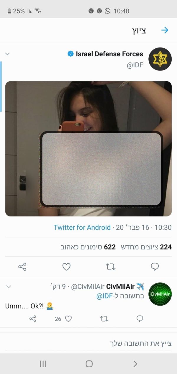 דובר צה"ל באנגלית צייץ תמונה של חיילת בלי חולצה