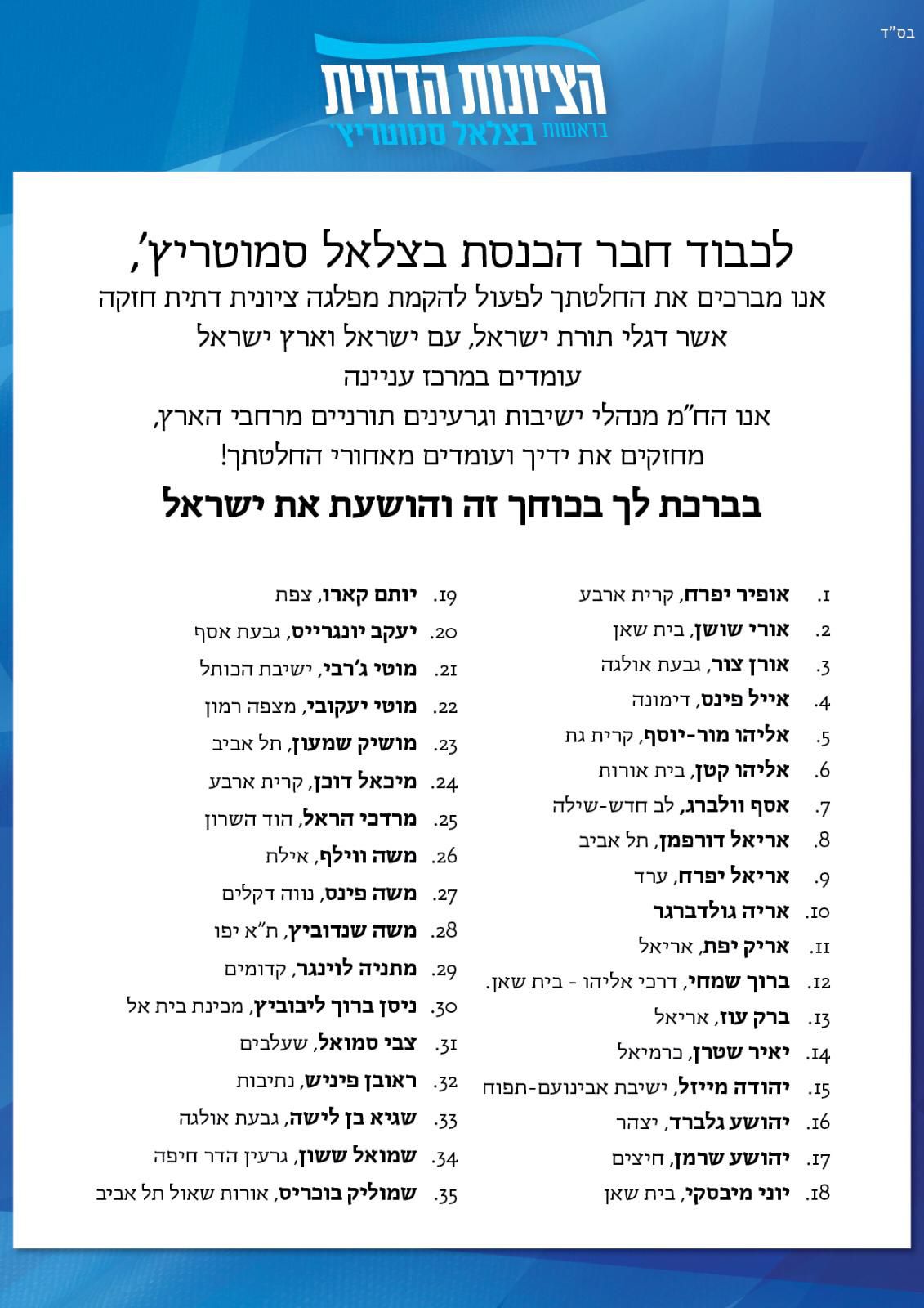 מנהלי גרעינים וישיבות הודיעו: תומכים בסמוטריץ׳