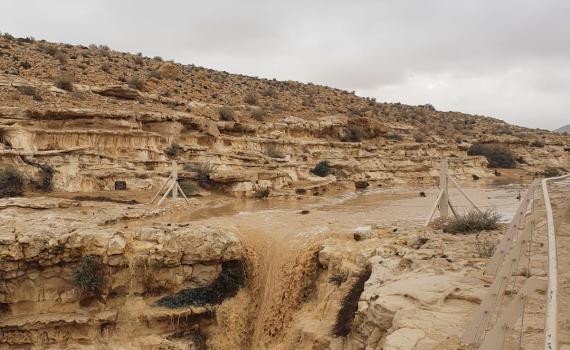 מרהיב: שטפון של נחל צין במפל עין עובדת עליון
